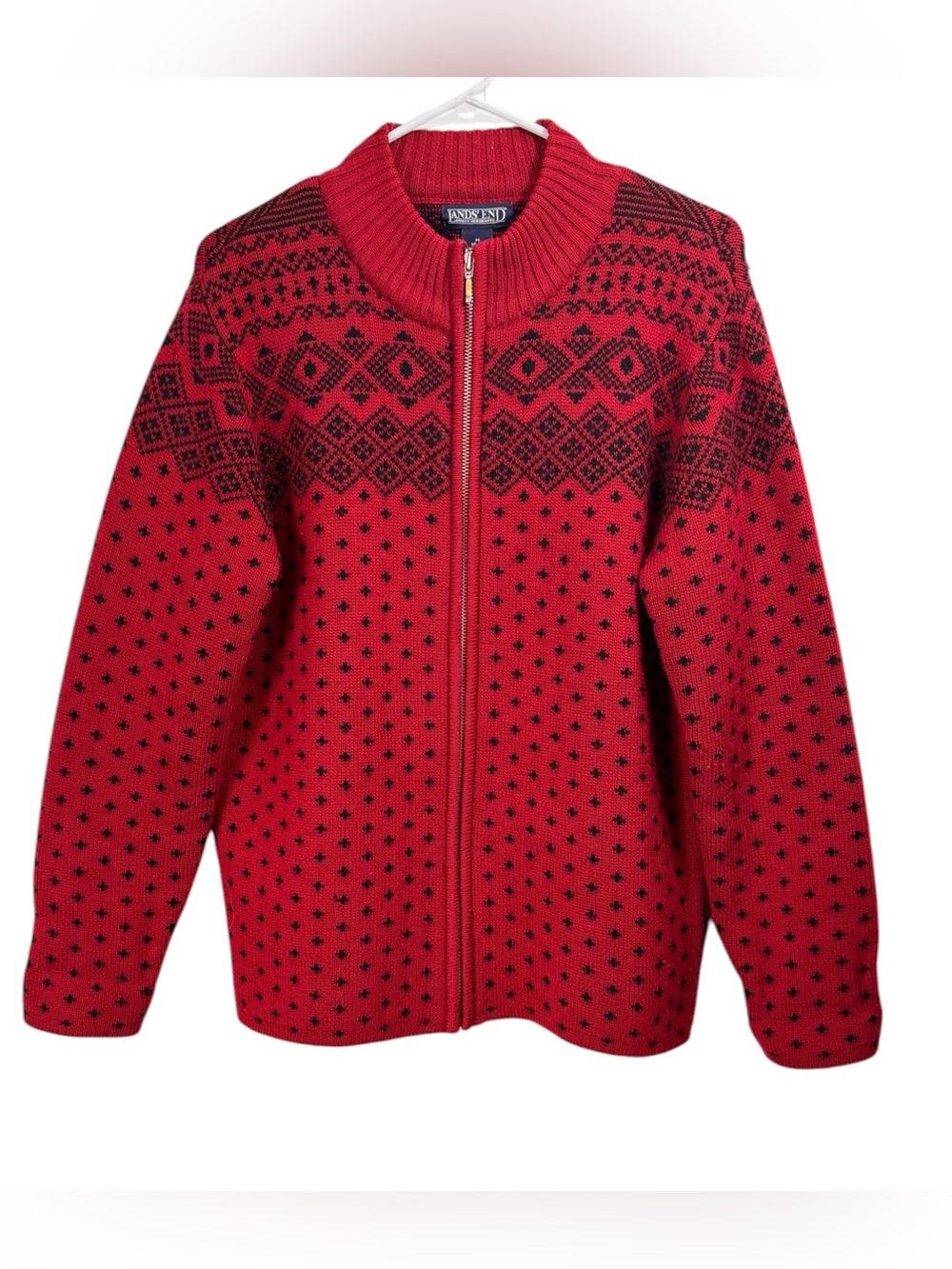 Vintage Land’s End Size Medium Full Zip Pure Wool Fair Isle Cardigan Sweater